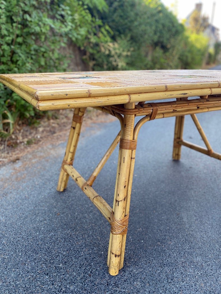 Adrien Audoux et Frida Minet, grande Table,en bambou et céramique Circa 1960/1970-photo-3