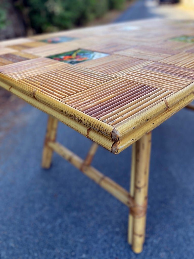 Adrien Audoux et Frida Minet, grande Table,en bambou et céramique Circa 1960/1970-photo-4