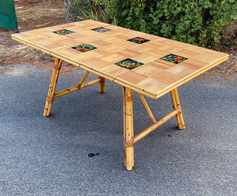 Adrien Audoux et Frida Minet, grande Table,en bambou et céramique Circa 1960/1970