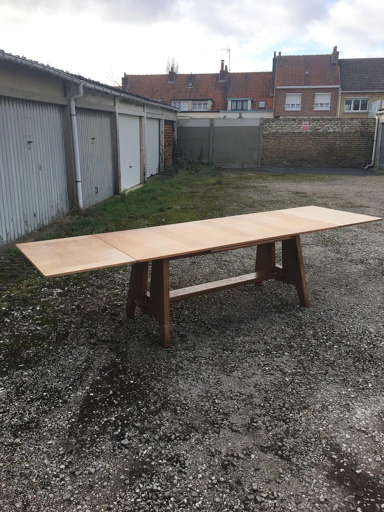 Large Art Deco Oak Table, Circa 1940. Dimensions With 2 Extensions: 75 X 320 X 90 Cm. -photo-4