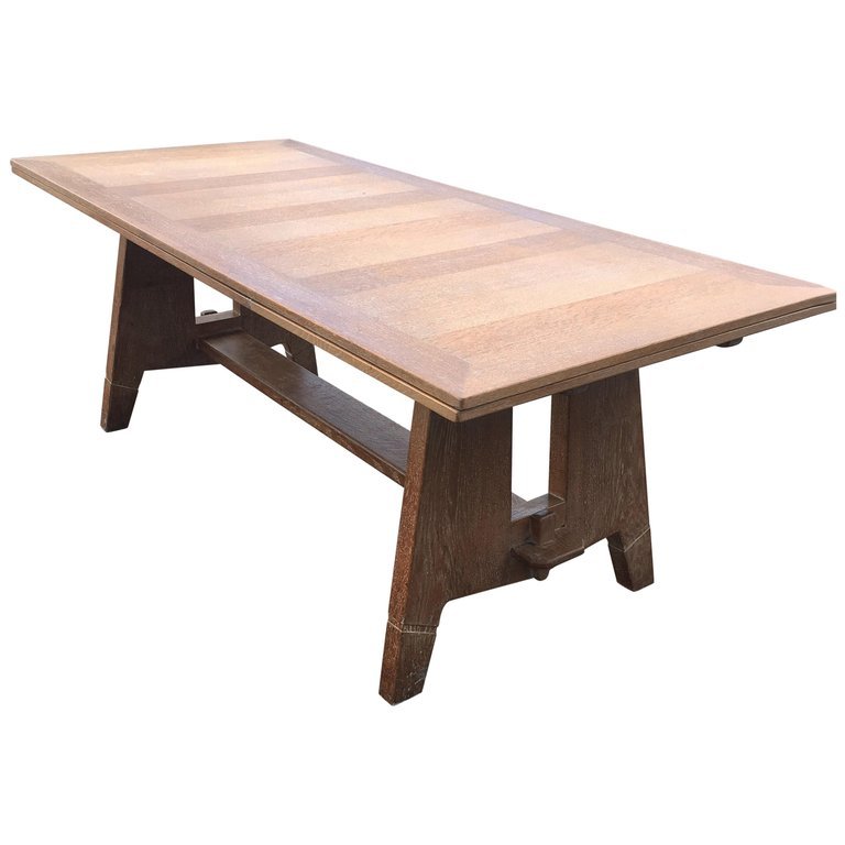 Large Art Deco Oak Table, Circa 1940. Dimensions With 2 Extensions: 75 X 320 X 90 Cm. 