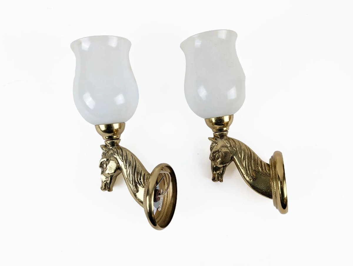 Maison Baguès (dans le style de) Paire d'appliques à décor de tête de cheval circa 1950/1960-photo-2