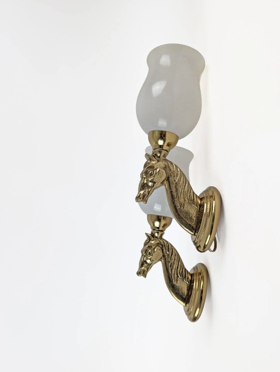 Maison Baguès (dans le style de) Paire d'appliques à décor de tête de cheval circa 1950/1960-photo-3