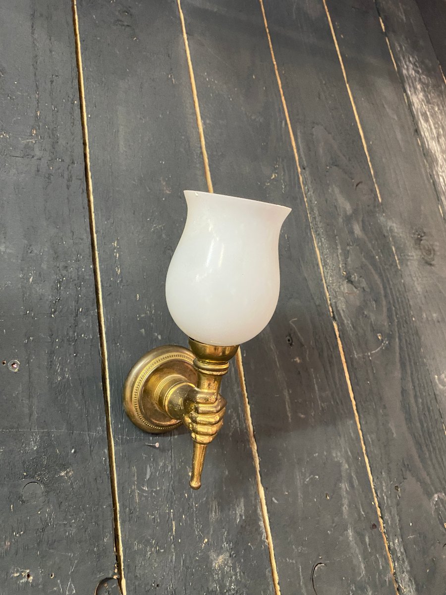 Pair Of "hands" Wall Sconces In Brass And Opal Glass, Circa 1950–1960-photo-6