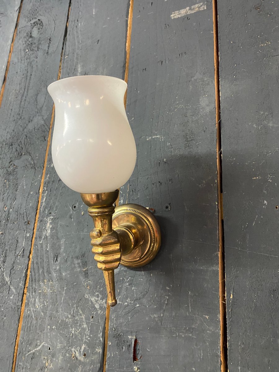 Pair Of "hands" Wall Sconces In Brass And Opal Glass, Circa 1950–1960-photo-7