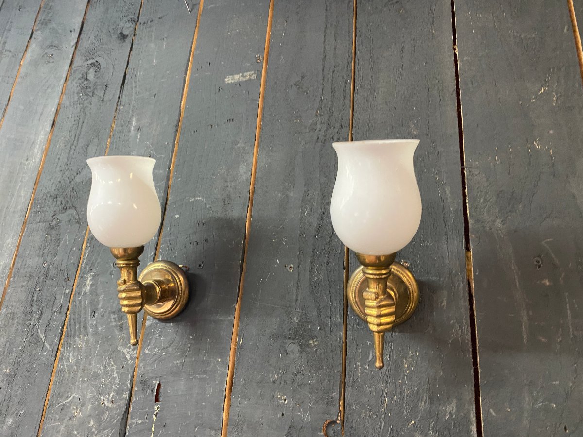 Pair Of "hands" Wall Sconces In Brass And Opal Glass, Circa 1950–1960