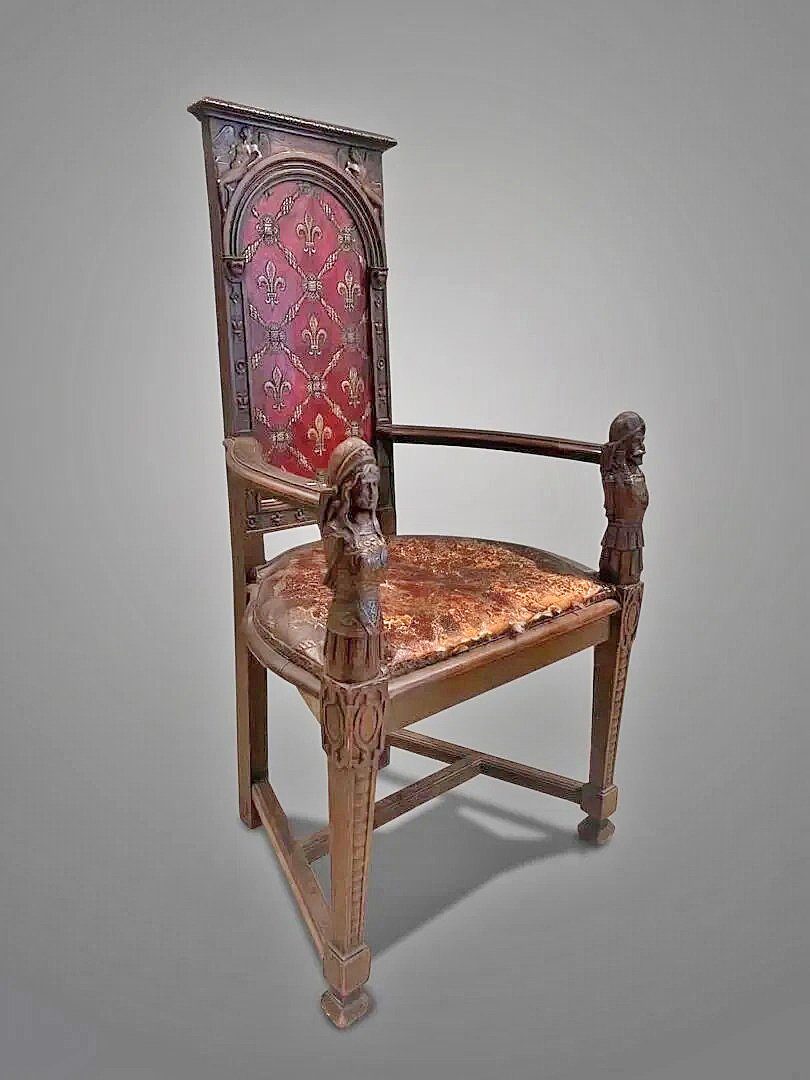 FAUTEUIL à décor néogothique, les accotoirs figurants des personnages moyenâgeux XIXème-photo-2