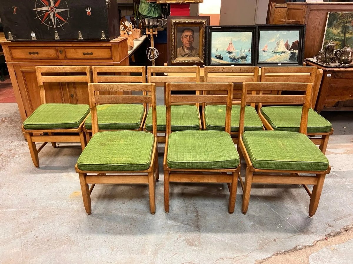 Guillerme And Chambron, A Set Of 8 Oak Chairs. Votre Maison, 1970.-photo-2
