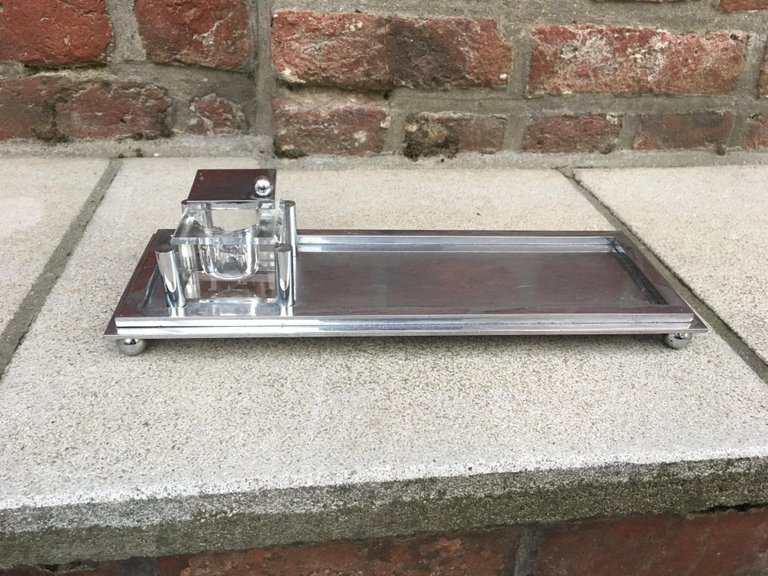 Rare Modernist Art Deco Inkwell In Nickel-plated Bronze, Circa 1930, Attributed To Jacques Adnet-photo-4