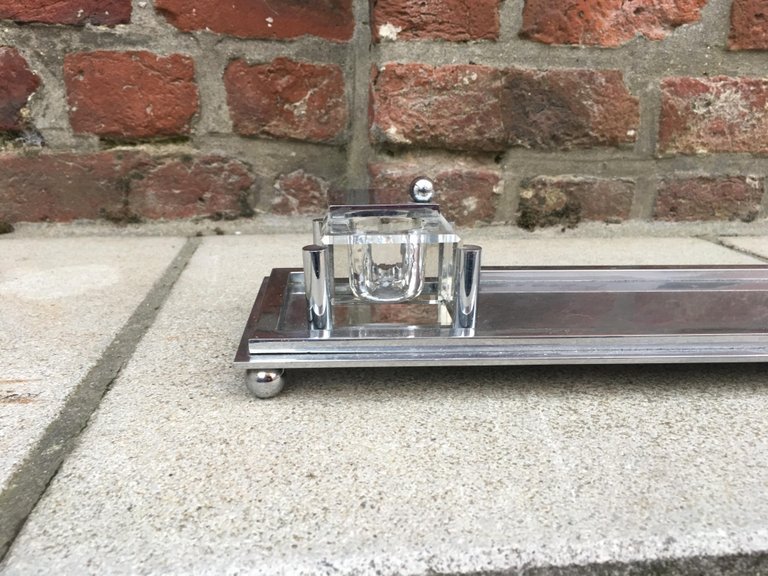 Rare Modernist Art Deco Inkwell In Nickel-plated Bronze, Circa 1930, Attributed To Jacques Adnet-photo-3