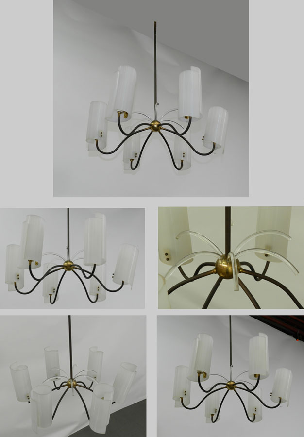 Chandelier 1970, A Structure In Brass And Metal Lacquer, Caches Bulbs In Plastic-photo-2