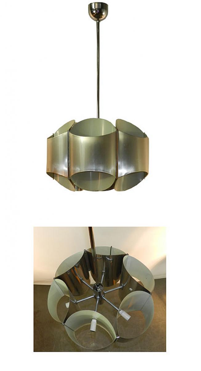 Travail Francais 1960, Suspension A 6 Caches Ampoles En Inox, Laque Blanc A l'Interieur. -photo-2