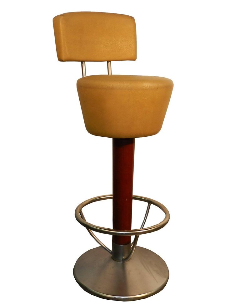 Suite De 4 Hauts Tabourets De Bar, Structure Aluminium Et Chrome, Fut En Bois Teinte Vers 1970-photo-2