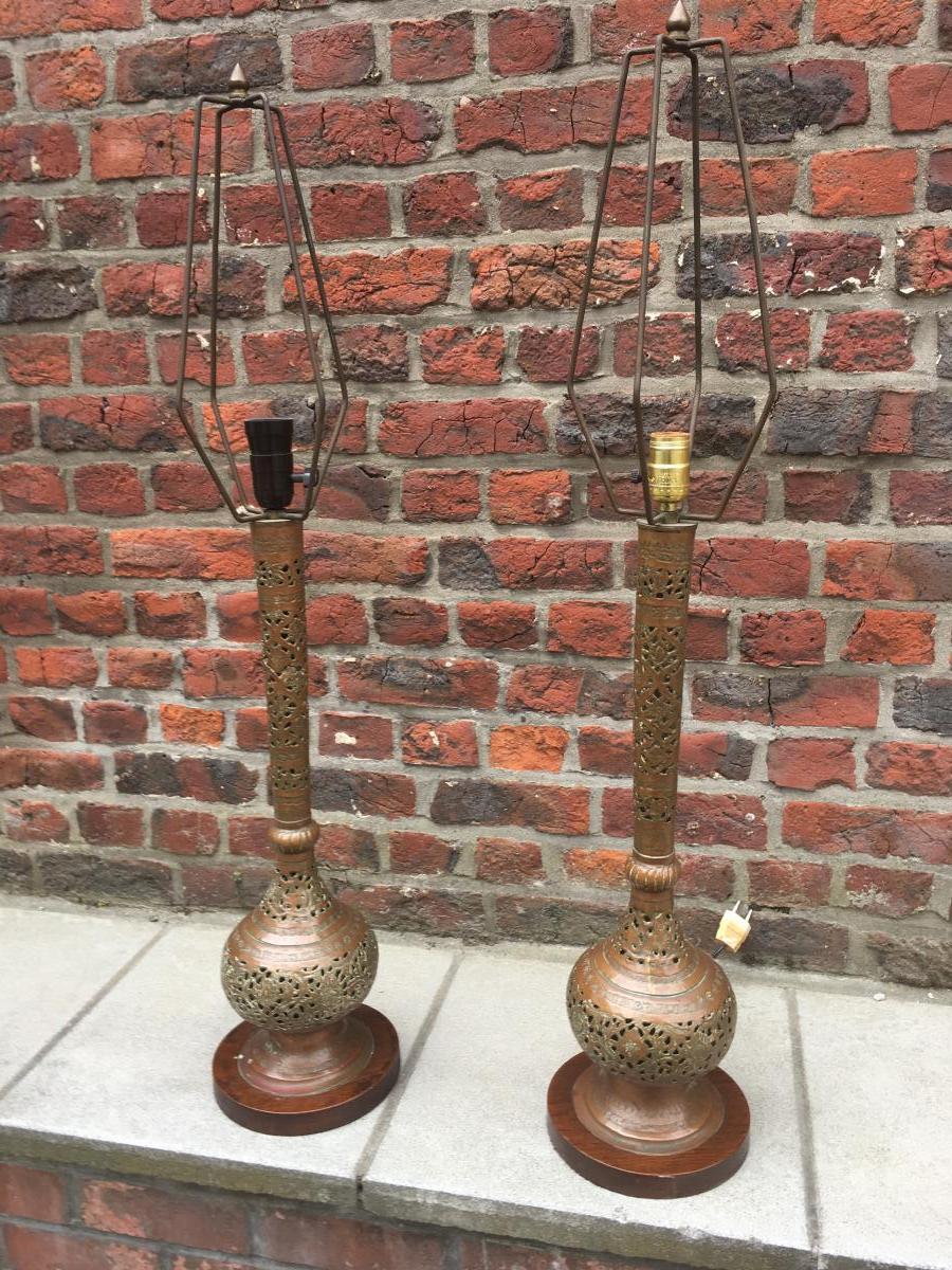 Paire De Grandes Lampes Style Orientale En Laiton Circa 1930-photo-3