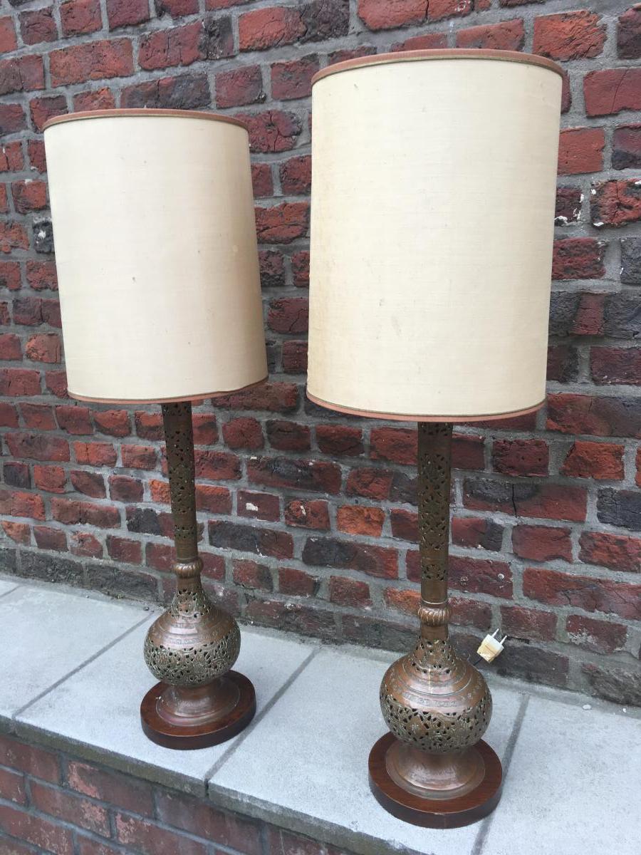Paire De Grandes Lampes Style Orientale En Laiton Circa 1930-photo-4