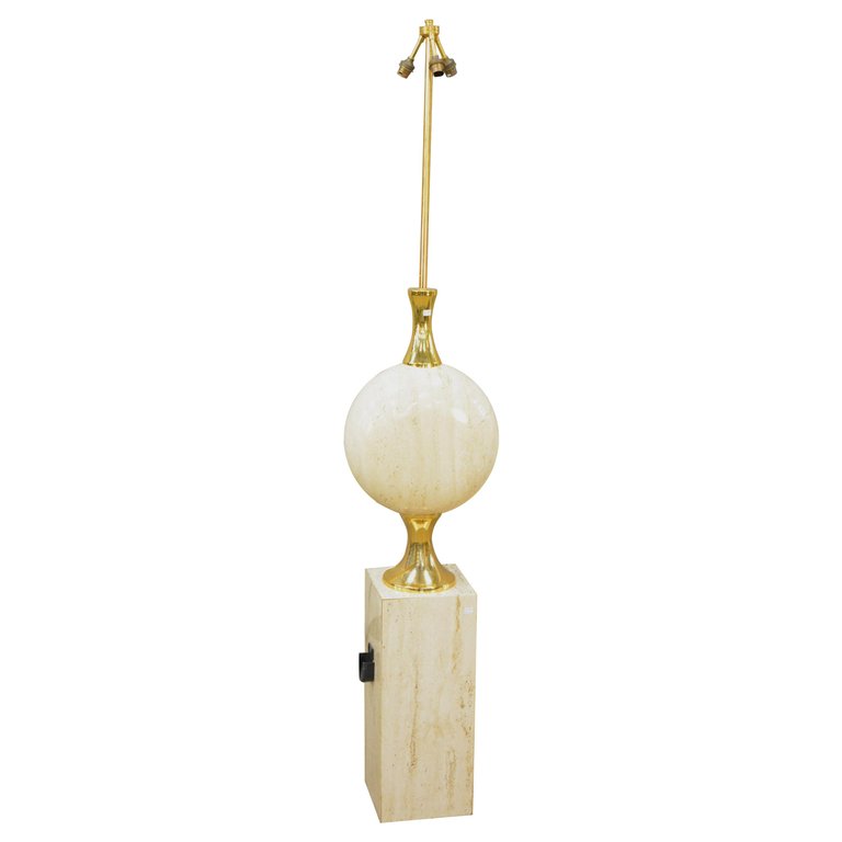 Maison Barbier, Rare Floor Lamp In Travertine And Brass Circa 1970 (160cm)