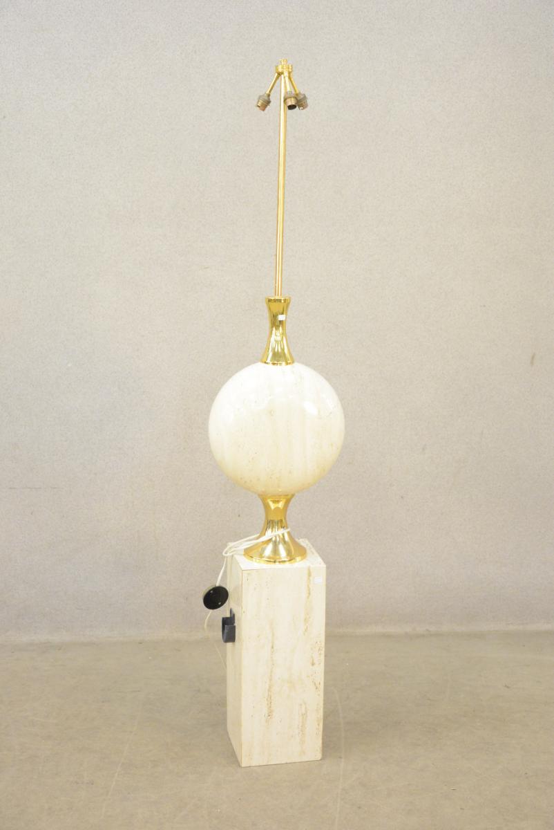 Maison Barbier, Rare Floor Lamp In Travertine And Brass Circa 1970 (160cm)-photo-2