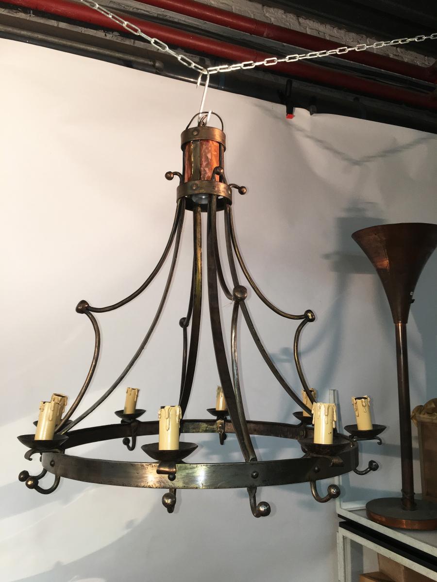Classic Neo Chandelier In Steel And Brass Circa 1950-photo-2