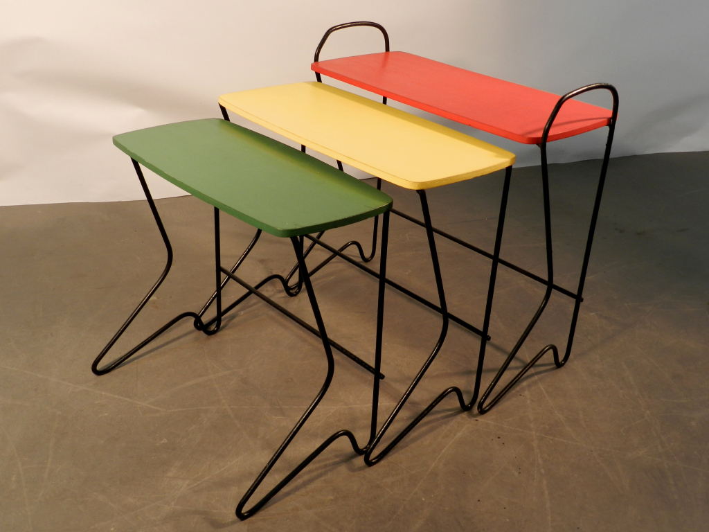 Suite De 3 Tables Gigognes ,Métal Et Bois Laqué ,Circa 1950-photo-3