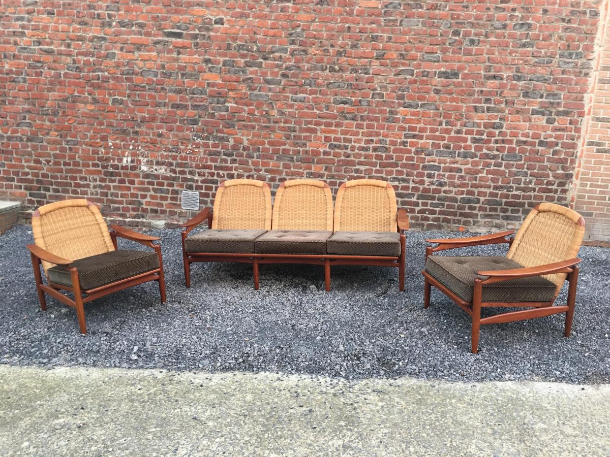 Important Scandinavian Teak And Rattan Lounge, Circa 1960/1970-photo-2