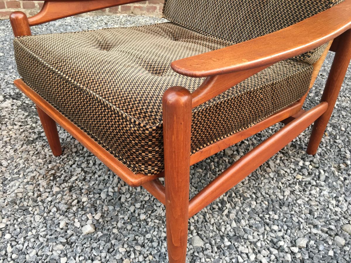 Important Scandinavian Teak And Rattan Lounge, Circa 1960/1970-photo-4