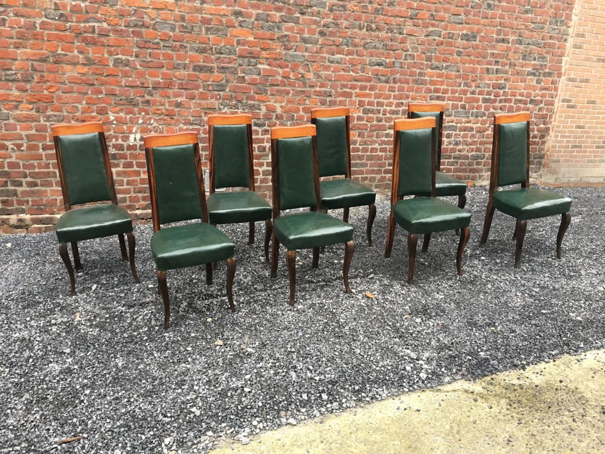 Suite De 8 Chaises Epoque Art Deco En ébène De Macassar Et Cuir Circa 1930-photo-2