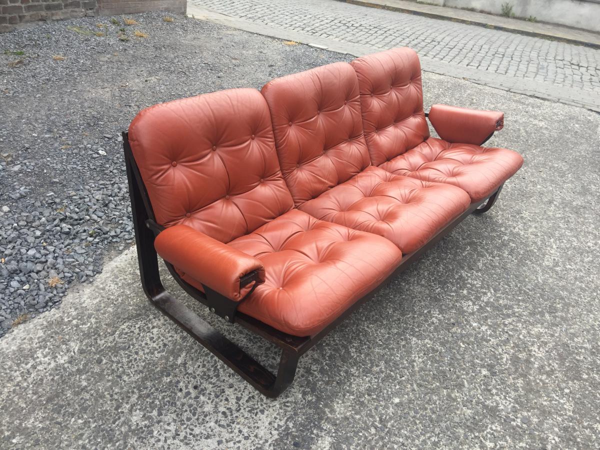 Canapé 1970 En Bois Lamellé Et Cuir Rouge Orangé , Style Scandinave -photo-2