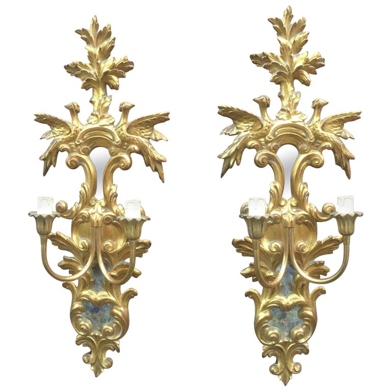 Pair Of Large Wall Baroque Style Italy XVIII, Golden Wood, Mirrors
