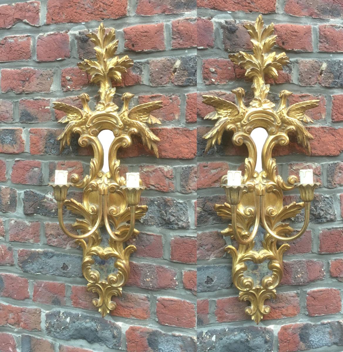 Pair Of Large Wall Baroque Style Italy XVIII, Golden Wood, Mirrors-photo-3