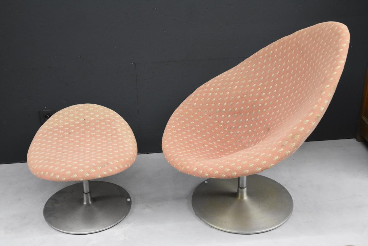 Pierre Paulin, Globe Chair F 422 And Its Ottoman In Steel And Fabric, Circa 1960-photo-4