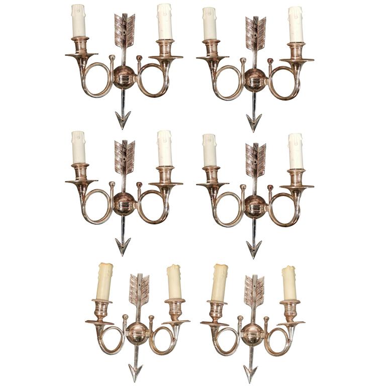 6 Neo Classic Wall Lamps In Silver Bronze, Monogrammed Circa 1960