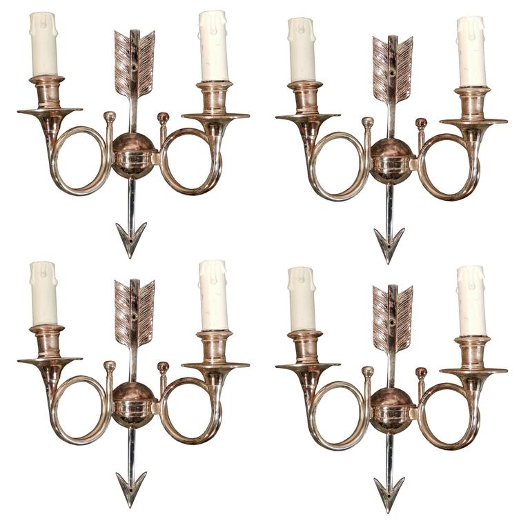 6 Neo Classic Wall Lamps In Silver Bronze, Monogrammed Circa 1960-photo-4