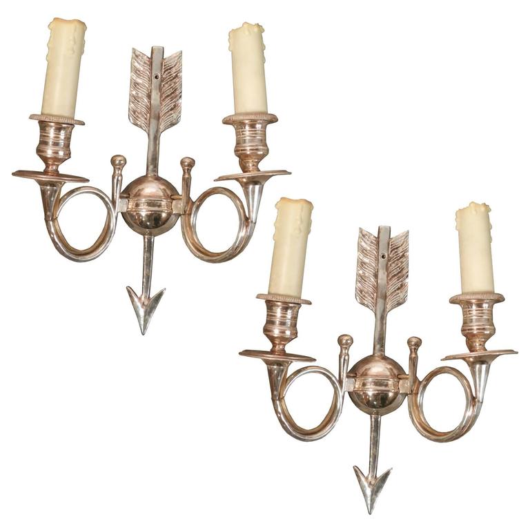 6 Neo Classic Wall Lamps In Silver Bronze, Monogrammed Circa 1960-photo-1