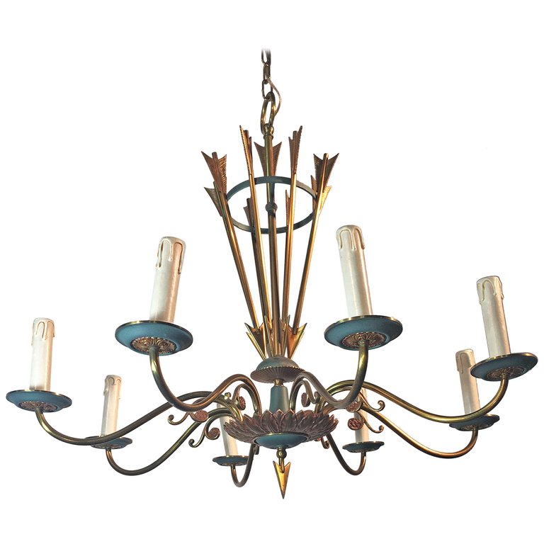 Chandelier Art Deco In Lacquered Metal And Brass Circa 1950