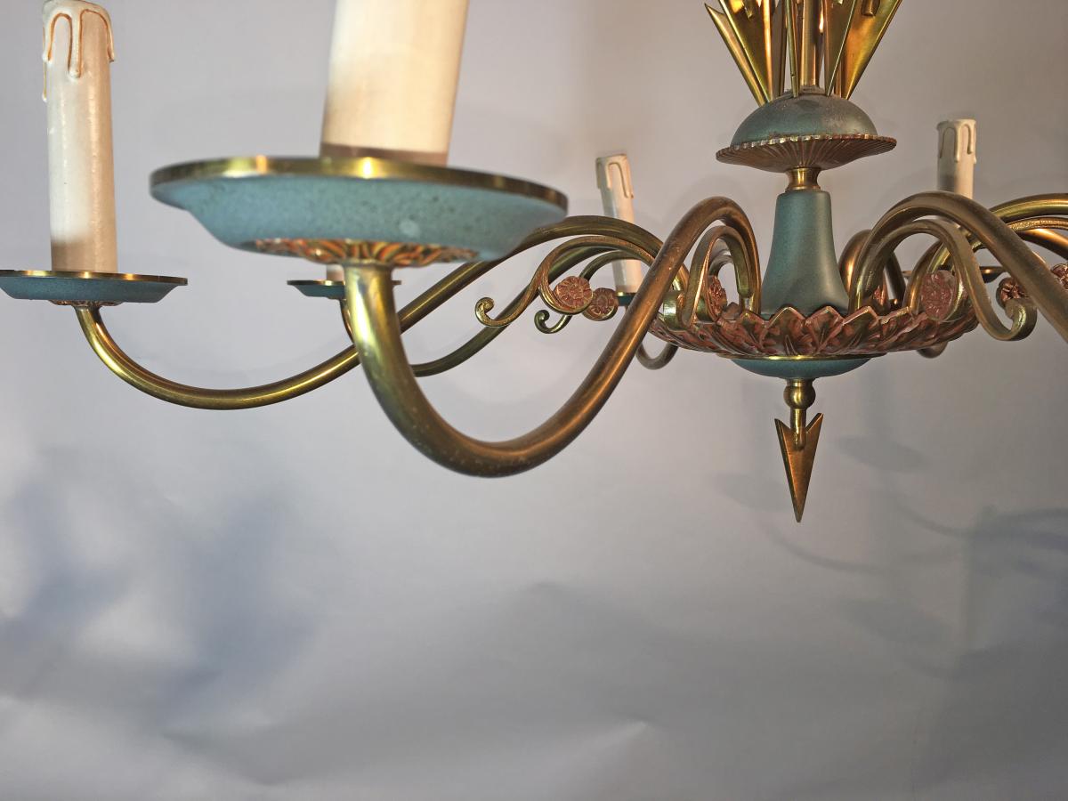 Chandelier Art Deco In Lacquered Metal And Brass Circa 1950-photo-2