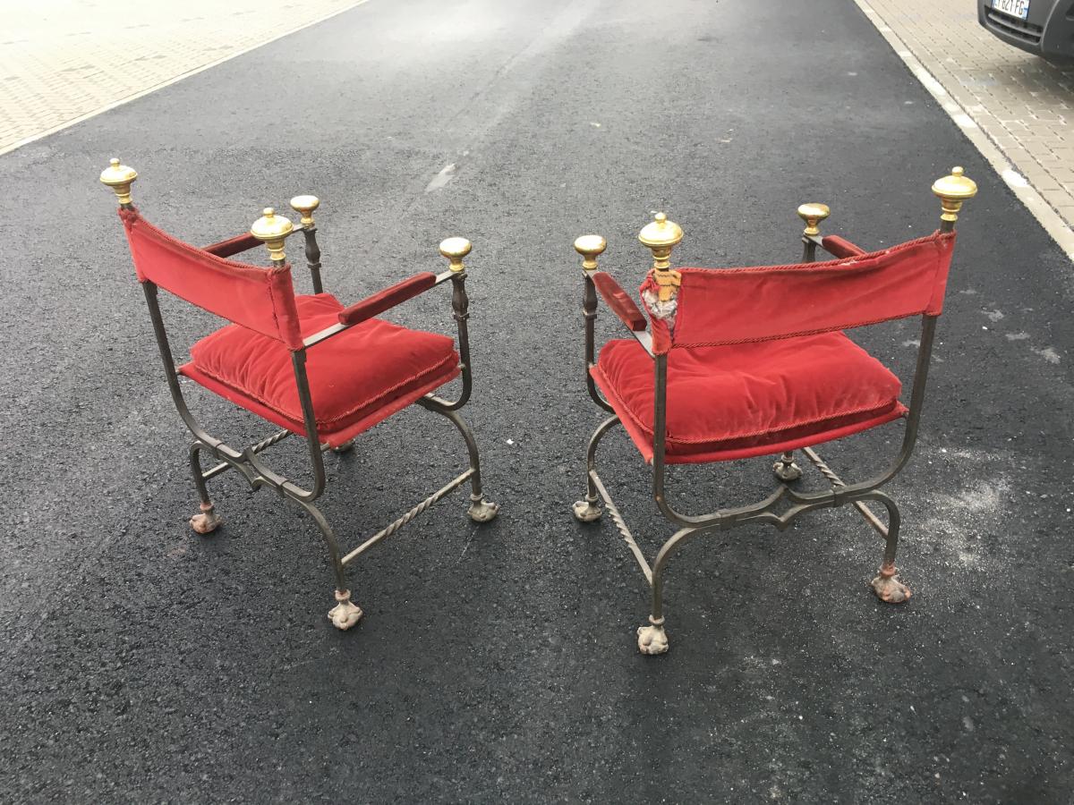 Pair Of Antique Armchairs Curulles Wrought Iron And Brass Circa 1900/1920-photo-1