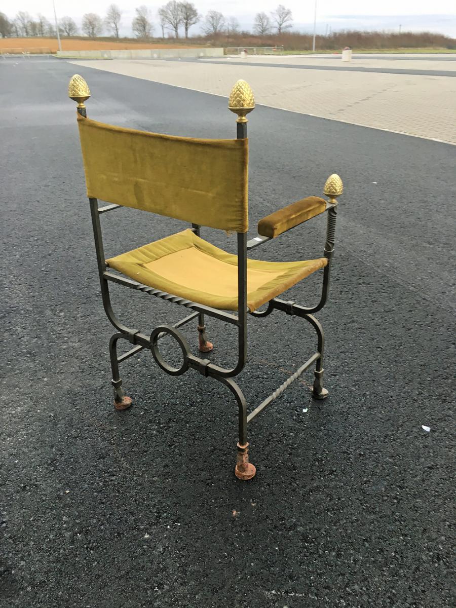 Old Curule Armchair In Wrought Iron And Brass Circa 1900/1920-photo-2