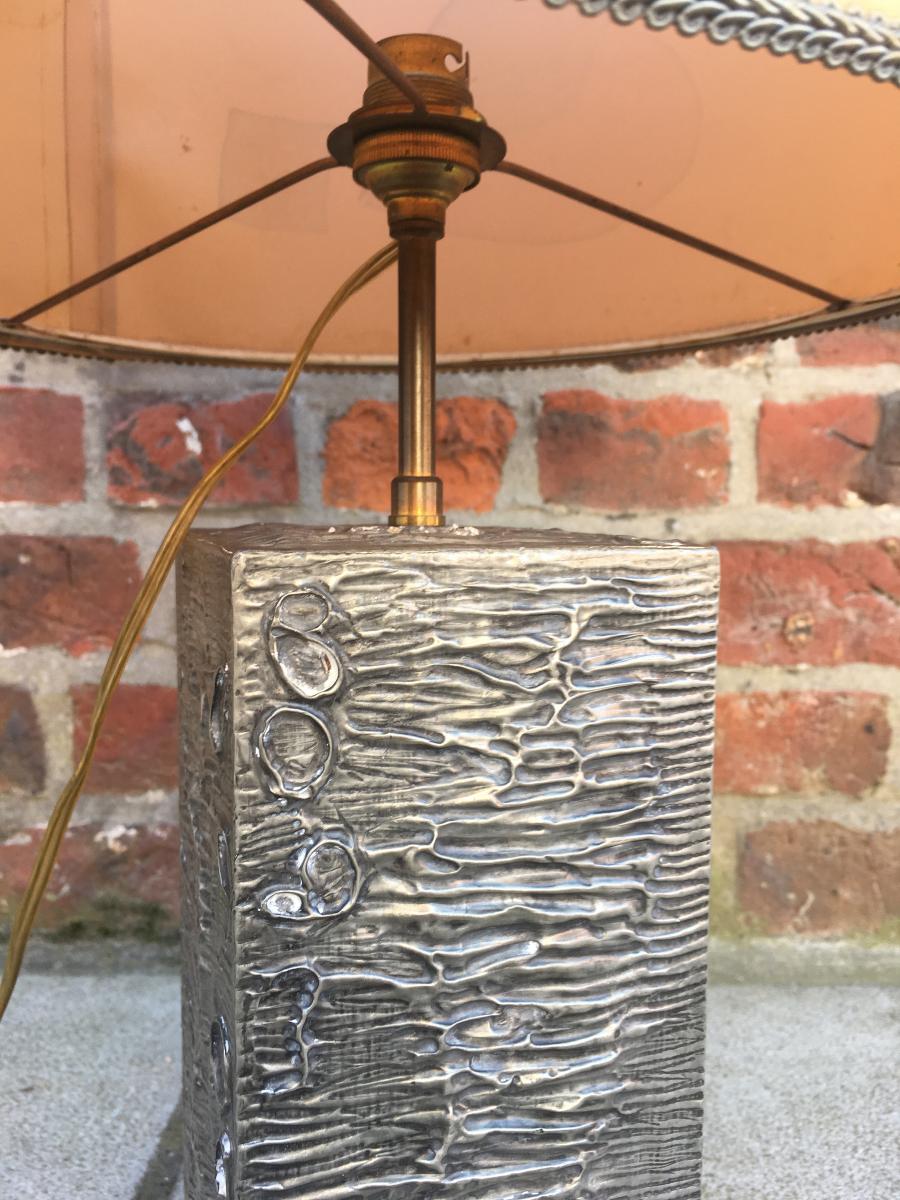 Brutalist Lamp, Carved Pewter Foot, Circa 1970-photo-2