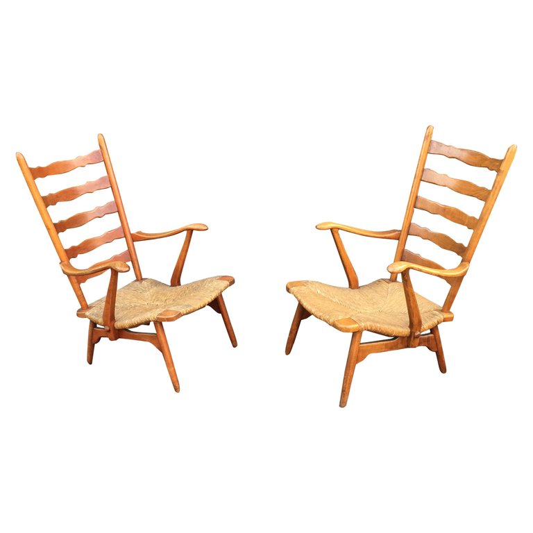Paolo Buffa, Pair Of Armchairs In Cherry And Straw, Circa 1950/19560