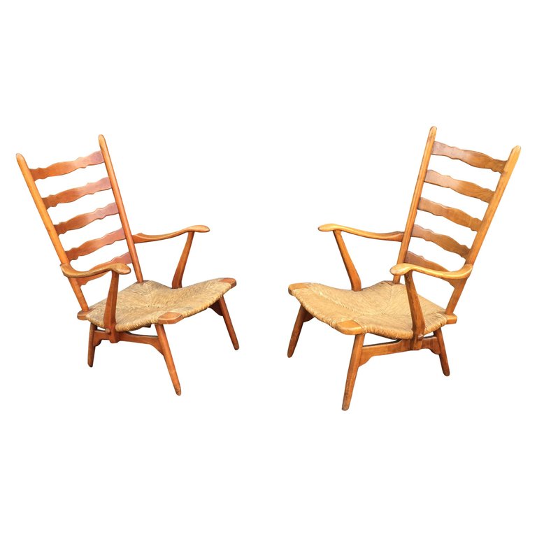 Paolo Buffa, Paire De Fauteuils En Merisier Et Paille, Circa 1950/19560