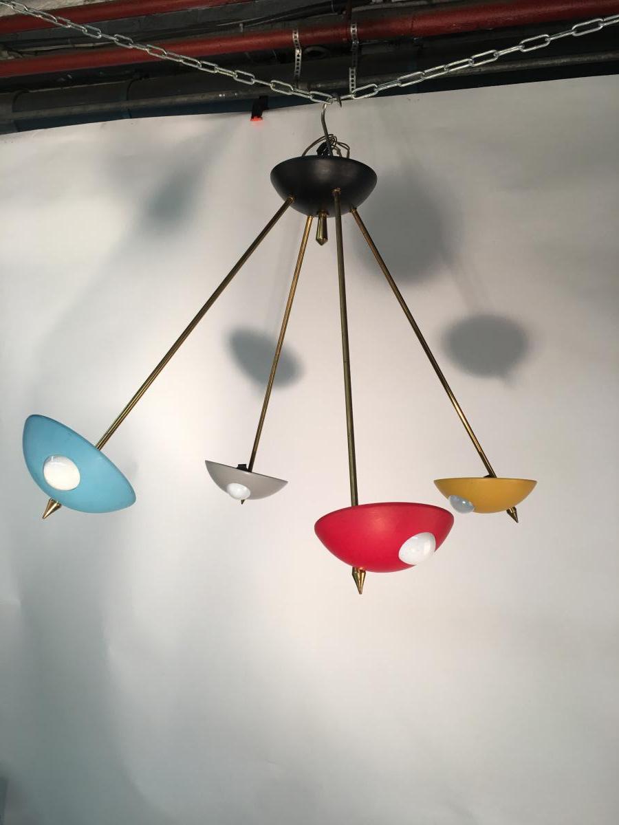 Stilnov Style , Chandelier In Aluminum And Lacquered Iron, Italy Circa 1950-photo-2