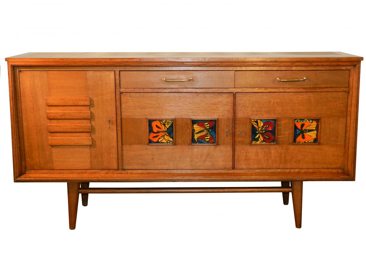 "work French 1950, Oak Chest And Oak Veneer, Decor 4 Tiles Ceramic"