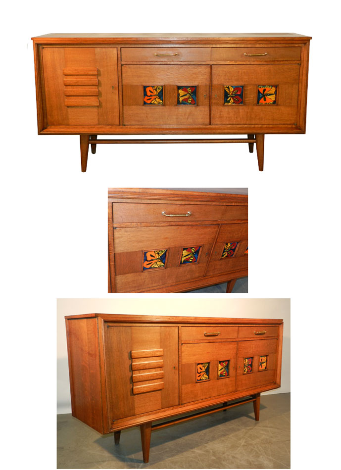 "work French 1950, Oak Chest And Oak Veneer, Decor 4 Tiles Ceramic"-photo-2