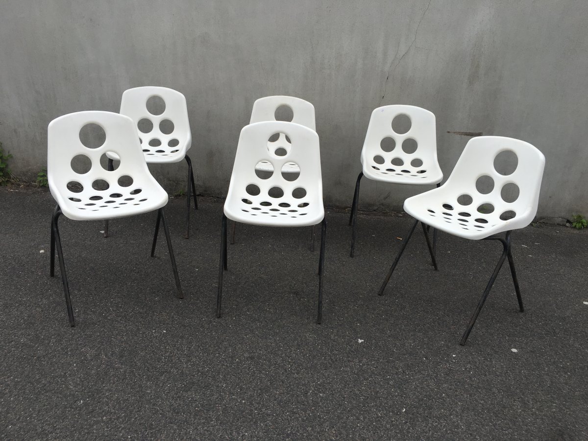 Suite De 6 Chaises Empilables En Plastique, Style Guariche, Circa 1960 -photo-2