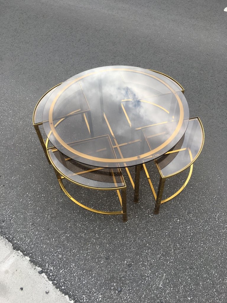 Table Salon And Its 4 Side Shelves In Brass And Smoked Glass, House Style Baguès, 1970-photo-1