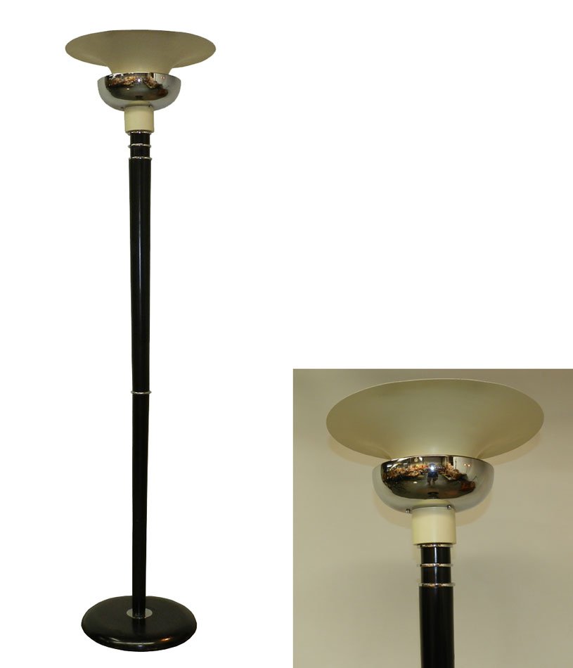 Lampadaire Epoque Art-deco En Bois Laque, Metal Laque Et Metal Chrome Vers 1930/1940-photo-2