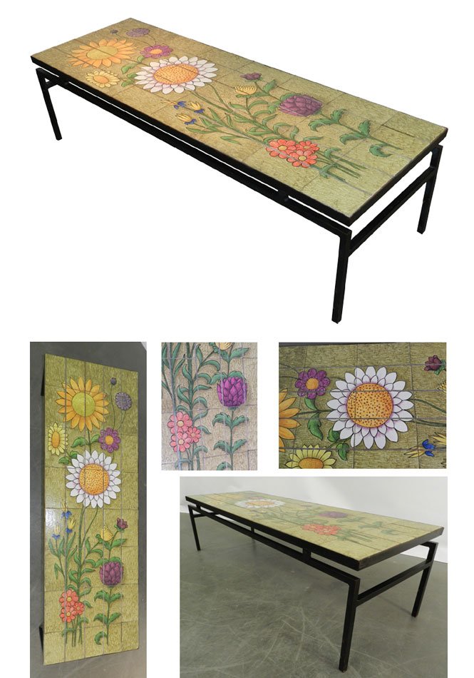 Very Large Living Room Table With Metallic Structure, Tiles Decor Flowers In Lava Enameled-photo-2