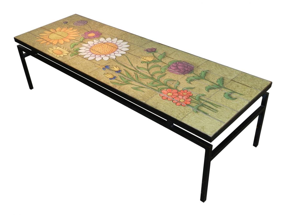 Very Large Living Room Table With Metallic Structure, Tiles Decor Flowers In Lava Enameled