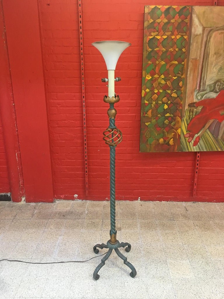Art Deco Floor Lamp In Wrought Iron And Gilded In The Style Of Gilbert Poillerat, Circa 1940/1950-photo-3