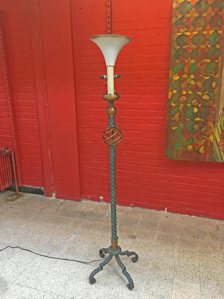Art Deco Floor Lamp In Wrought Iron And Gilded In The Style Of Gilbert Poillerat, Circa 1940/1950-photo-3